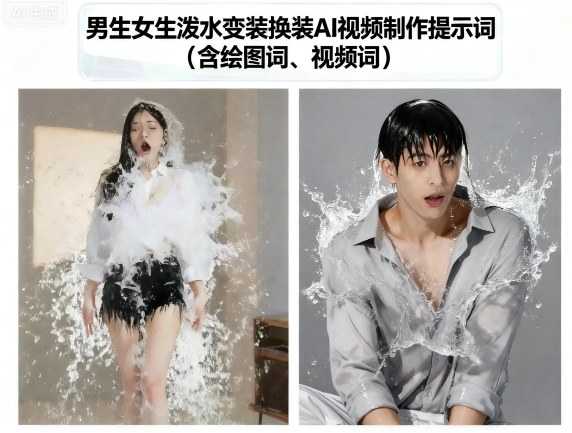 男生女生泼水变装换装AI视频制作提示词(含绘图词、视频词)-网赚项目众筹网