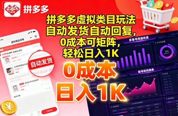 拼多多虚拟类目玩法，自动发货自动回复，0成本可矩阵，轻松日入1K【揭秘】-网赚项目众筹网