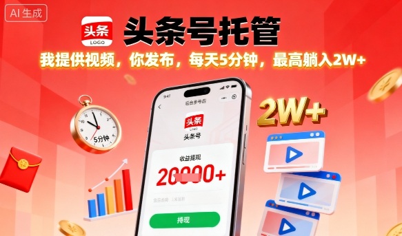 【头条号托管】我提供视频，你发布，每天5分钟，最高躺入2W+【揭秘】-网赚项目众筹网