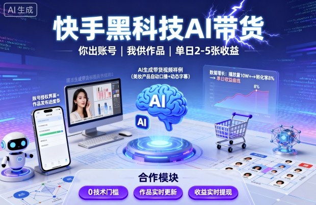 快手黑科技AI带货，你提供账号，我提供作品并发布，单日2-5张【揭秘】-网赚项目众筹网