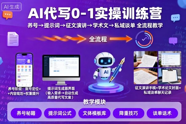 AI代写0-1实操训练营，从养号、提示词、征文演讲、学术文，到私域谈单的全流程教学-网赚项目众筹网