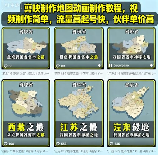 剪映制作地图动画制作教程，视频制作简单，流量高起号快，伙伴单价高-网赚项目众筹网