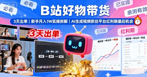 B站好物带货，3天出单，新手月入1W实操拆解，AI生成视频，抓住平台红利期最后机会-网赚项目众筹网