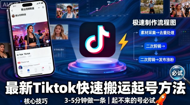 最新Tiktok快速搬运快速起号方法，3-5分钟做一条，起不来的号可以试试-网赚项目众筹网
