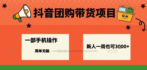 抖音团购带货项目，一部手机简单操作，一周3k+-网赚项目众筹网