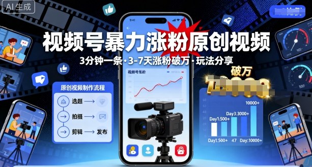 视频号暴力涨粉原创视频，3分钟一条原创视频，3-7天涨粉破万，玩法分享给你-网赚项目众筹网