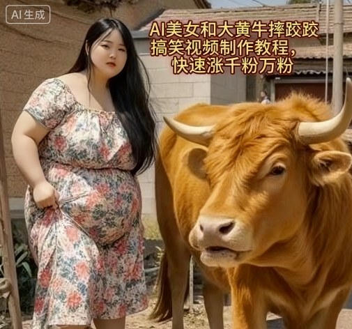 AI美女和大黄牛摔跤搞笑荒诞视频制作教程，快速涨千粉万粉-网赚项目众筹网