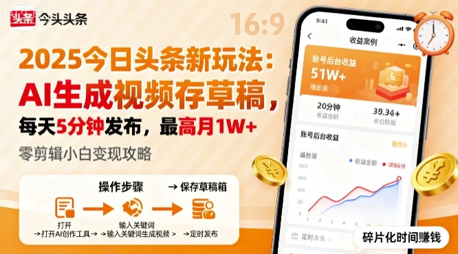 2025年今日头条躺賺新玩法，AI生成视频存草稿，每天5分钟发布，最高月1W+【揭秘】-网赚项目众筹网