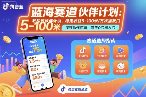 抖音蓝海赛道，轻松过伙伴计划，视频制作简单，万次播放收益在5-100米，稳定收益-网赚项目众筹网
