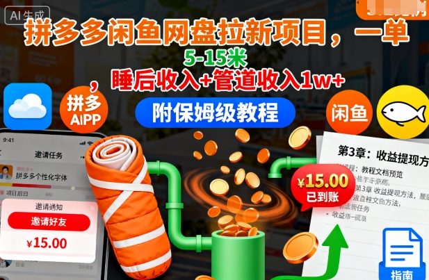 拼多多闲鱼网盘拉新项目，一单5-15米，睡后收入+管道收入1w+（附保姆级教程）-网赚项目众筹网