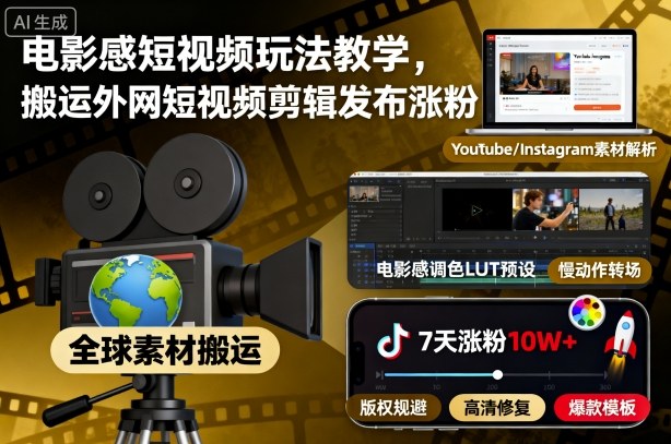 电影感短视频玩法教学，搬运外网短视频剪辑发布涨粉-网赚项目众筹网