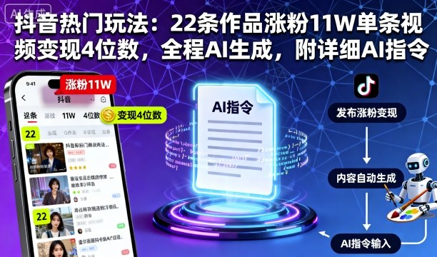 抖音热门玩法：22条作品涨粉11W单条视频变现4位数，全程AI生成，附详细AI指令-网赚项目众筹网