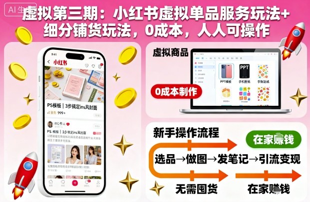 虚拟第三期：小红书虚拟单品服务玩法+细分铺货玩法，0成本，人人可操作-网赚项目众筹网