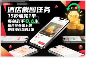 酒店截图任务，15秒速完1单，每单到手0.6米，每日任务无上限，全网首发玩法，矩阵操作单日3张【揭秘】-网赚项目众筹网