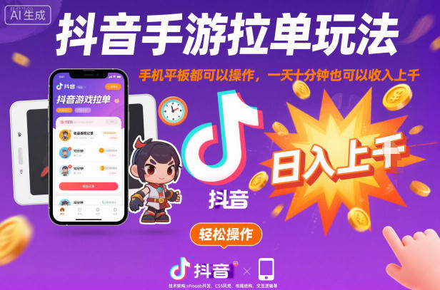 抖音手游拉单玩法，手机平板都可以操作，一天十分钟也可以收入上K【揭秘】-网赚项目众筹网