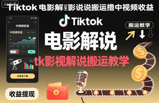 Tiktok电影解说搬运撸中视频收益，tk影视解说搬运教学-网赚项目众筹网
