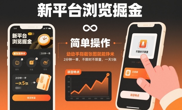 新平台浏览掘金，动动手指截张图就能挣米，2分钟一单，不限时不限量，一天5张【揭秘】-网赚项目众筹网