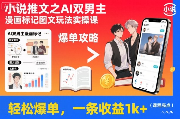 小说推文之AI双男主漫画标记图文玩法实操课，轻松爆单，一条收益1k+-网赚项目众筹网