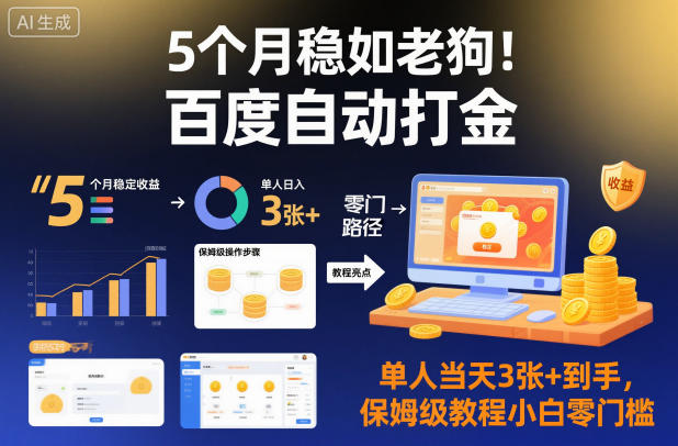 5个月稳如老狗！百度自动打金，单人当天3张+到手，保姆级教程小白零门槛【揭秘】-网赚项目众筹网