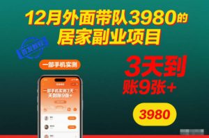 12月外面带队3980的居家副业项目,一部手机实测3天到账9张+,首发教程【揭秘】-网赚项目众筹网