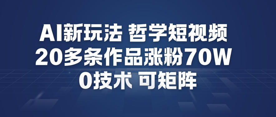 AI新玩法哲学短视频制作教学，20多条作品涨粉70W，0成本赛道，可矩阵-网赚项目众筹网