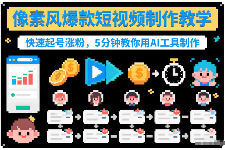 像素风爆款短视频制作教学，快速起号涨粉，5分钟教你用AI工具制作-网赚项目众筹网