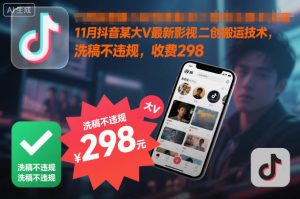 11月抖音某大V最新影视二创搬运技术，洗稿不违规，收费298-网赚项目众筹网