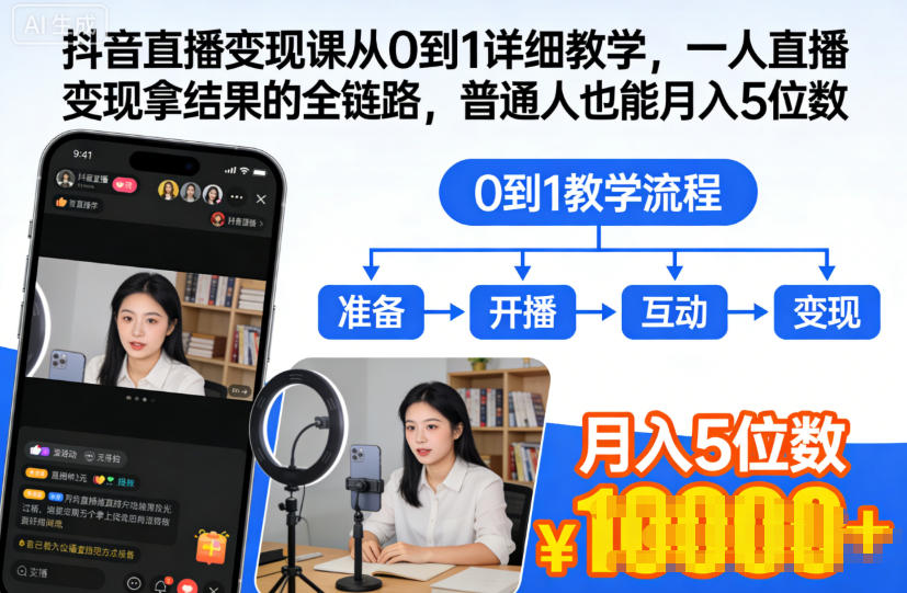 抖音直播变现课从0到1详细教学，一人直播变现拿结果的全链路，普通人也能月入5位数-网赚项目众筹网