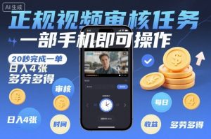 正规视频审核任务,一部手机即可操作,20秒完成一单,日入4张,多劳多得【揭秘】-网赚项目众筹网
